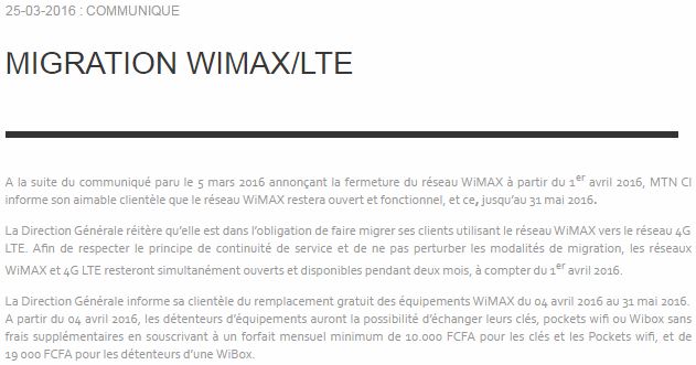migration-4G-MTN-CI vers le remplacement gratuit des equipements wimax